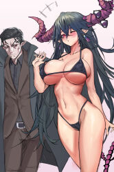 1boy 1girl absurdres angry bikini black_coat black_hair bra breasts brown_suit character_request closed_mouth coat damn_reincarnation earrings formal hand_in_bra heart heart-shaped_eyewear highres horns jewelry large_breasts long_hair noir_giabella_(damn_reincarnation) novel_illustration official_art one_eye_closed pink_background purple_eyes red_eyes single_horn suit sunglasses sunglasses_removed swimsuit tail underwear 