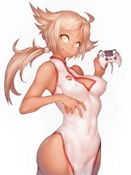  1girl blonde_hair breasts challengia china_dress chinese_clothes cleavage cleavage_cutout clothing_cutout controller covered_navel dark-skinned_female dark_skin dress fumio_(rsqkr) game_controller gamepad hip_focus long_hair looking_at_viewer nchans nyachan simple_background smile solo white_background yellow_eyes 