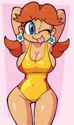  1girl armpits arms_behind_head artist_check artist_request blue_eyes breasts cleavage covered_navel highres large_breasts looking_at_viewer mario_&amp;_sonic_at_the_london_2012_olympic_games mario_&amp;_sonic_at_the_olympic_games mario_(series) nintendo one-piece_swimsuit one_eye_closed princess princess_daisy shenanimation smile solo source_request swimsuit thigh_grab thighs tomboy tongue tongue_out wide_hips wink 
