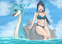  1girl absurdres bikini blue_bikini blush breasts closed_eyes cloud collarbone commentary creatures_(company) game_freak gen_1_pokemon gonnu groin highres horns lapras love_live! love_live!_sunshine!! matsuura_kanan medium_breasts music musical_note navel nintendo open_mouth pokemon pokemon_(creature) shell singing single_horn sitting sky smile solo striped_bikini striped_clothes swimsuit symbol-only_commentary 