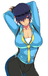  1girl alternate_breast_size arms_up blouse blue_eyes blue_hair blue_shirt breasts cabbie_hat cleavage cowboy_shot curvy eroe female_focus fingerless_gloves gloves hat highres large_breasts matching_hair/eyes necktie persona persona_4 persona_4:_dancing_all_night persona_dancing revision shirogane_naoto shirt short_hair simple_background solo suspenders white_background wide_hips yellow_necktie  rating:Sensitive score:122 user:YokoLover