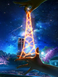  absurdres building cat&#039;s_cradle cherry_blossoms commentary_request fantasy highres night original outdoors scenery sky skyscraper smile_(qd4nsvik) star_(sky) star_(symbol) starry_sky tree 