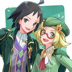  1boy 1girl ahoge bianca_(champion)_(pokemon) bianca_(pokemon) black_hair blonde_hair blue_eyes cape cheren_(champion)_(pokemon) cheren_(pokemon) creatures_(company) dress ffccll game_freak glasses green_cape green_eyes green_hat hand_up happy hat highres jewelry long_sleeves looking_at_viewer nintendo official_alternate_costume open_mouth pokemon pokemon_masters_ex shirt smile teeth twitter_username upper_body upper_teeth_only 