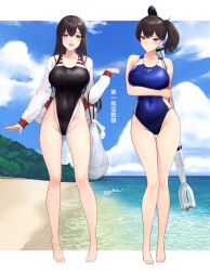  2girls ;d akagi_(kancolle) bag beach blue_sky blush brown_eyes brown_hair cloud cloudy_sky competition_swimsuit full_body highres kaga_(kancolle) kantai_collection light_blush long_hair looking_at_viewer multiple_girls ocean odachu one-piece_swimsuit one_eye_closed open_mouth sand school_swimsuit short_sidetail side_ponytail sky smile swimsuit torpedo torpedo_tubes tree 