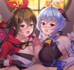  2girls ahoge alternate_breast_size amber_(genshin_impact) bare_shoulders bell black_gloves blue_gloves blue_hair blurry blush bow breasts breasts_squeezed_together brown_hair censored cleavage cleavage_cutout clothing_cutout cooperative_paizuri depth_of_field detached_sleeves flower ganyu_(genshin_impact) genshin_impact gloves goggles highres horns indoors large_breasts long_hair looking_at_another mosaic_censoring multiple_girls neck_bell nose_blush open_mouth paid_reward_available paizuri paizuri_over_clothes penis pov purple_eyes red_flower saliva sidelocks tsukimi_kirara upper_body white_flower white_sleeves window 