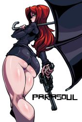 1girl ass bad_id bad_pixiv_id bare_legs breasts character_name english_text from_behind gun hair_over_one_eye handgun highres impossible_clothes impossible_shirt krieg_(skullgirls) long_hair looking_back luger_p08 miniskirt narrow_waist panties pantyshot parasoul_(skullgirls) pink_panties purple_panties red_hair shirt simple_background skirt skullgirls solo standing sweater tagane thighs umbrella underwear upskirt weapon white_background yellow_eyes rating:Questionable score:156 user:BlueBaroness