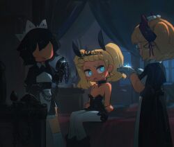  3girls :d :o arms_behind_back bed black_choker black_dress black_hair blonde_hair blue_eyes borrowed_character bound bound_arms canopy_bed chain choker clothes_pull commentary cressey_(porforever) cross cross_earrings cuffs dress dress_pull earrings english_commentary executioner_maid_(centuriic) flareze_(porforever) freckles gauntlets glasses glint gloves highres horns indoors jewelry loli looking_at_another maid maid_headdress multiple_girls night no_eyes on_bed open_mouth original porforever shackles short_hair sitting smile strapless strapless_dress thick_eyebrows tiara twintails white_gloves you_gonna_get_raped yuri 