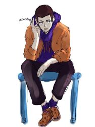 1boy black_eyes brown_hair chain hand_up open_mouth purple_shirt shibisu_(tower_of_god) shirt short_hair simple_background sitting solo tower_of_god very_short_hair white_background