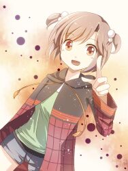  1girl brown_eyes brown_hair hair_bobbles hair_ornament highres hood hooded_jacket jacket lichika long_sleeves looking_at_viewer meiko_(vocaloid) open_clothes open_jacket open_mouth pointing pointing_at_viewer short_hair shorts smile solo two_side_up vocaloid 