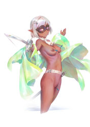  1girl ascot belt bigrbear bottomless breasts cleft_of_venus cropped_legs dark-skinned_female dark_skin domino_mask grey_hair hair_ornament highres holding holding_sword holding_weapon labia_piercing looking_at_viewer mask medium_breasts navel nipple_piercing nipples open_clothes open_shirt original piercing pink_eyes pointy_ears pussy pussy_piercing short_hair solo sword uncensored weapon white_background 