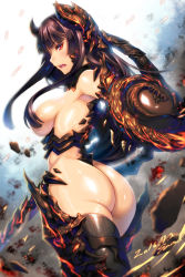 10s 1girl 2016 armor armored_boots ass bikini bikini_armor black_hair blunt_bangs boots breasts censored convenient_censoring cowboy_shot dated debris dragon_print dust ecell glowing glowing_sword glowing_weapon gluteal_fold gorget hair_censor hair_over_breasts headgear hime_cut holding holding_sword holding_weapon huge_ass large_breasts light_particles long_hair looking_at_viewer looking_back mabinogi mabinogi_heroes motion_blur narrow_waist open_mouth profile red_eyes revealing_clothes shiny_skin solo swimsuit sword thick_thighs thigh_boots thighhighs thighs thong_bikini topless underbust weapon wide_hips rating:Questionable score:57 user:danbooru