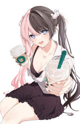 1girl absurdres animal_ear_piercing animal_hair_ornament bear_hair_ornament black_dress black_hair black_nails blue_eyes breasts cleavage coffee_cup collared_shirt commentary cup disposable_cup dress ear_piercing frappuccino frilled_dress frills hair_ornament hair_tie heart heart_necklace highres incoming_drink invisible_chair jewelry long_hair looking_at_viewer medium_breasts multicolored_hair multicolored_nails nail_art nail_polish necklace off-shoulder_shirt off_shoulder open_mouth partially_unbuttoned piercing pink_hair pink_nails qf_ivi shirt simple_background sitting solo split-color_hair symbol-only_commentary tachibana_hinano_(vtuber) teeth thighs twintails two-tone_hair upper_teeth_only virtual_youtuber vspo! white_background white_shirt