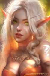  1girl blonde_hair blood_elf_(warcraft) breasts cleavage detached_collar elf enshanlee facial_mark green_eyes large_breasts lips long_hair looking_at_viewer parted_lips pointy_ears realistic solo tattoo warcraft world_of_warcraft  rating:Sensitive score:30 user:danbooru
