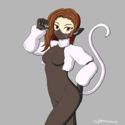  1girl ajamnova animal_ears bad_id bad_twitter_id bodysuit breasts brown_hair cat_ears cat_girl cat_tail fangs fluffy hand_on_own_ass megami_tensei nekomata_(megami_tensei) shin_megami_tensei simple_background solo tail  rating:Sensitive score:4 user:dudewtf