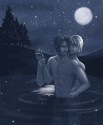 2boys abs bare_shoulders black_eyes black_hair collarbone erection fangs from_behind full_moon grin handjob hoozuki_suigetsu lake legs looking_back moon multiple_boys naruto naruto_(series) naruto_shippuuden nature navel night night_sky nipples nude open_mouth outdoors penis pubic_hair reflection ripples short_hair sky smile smirk source_request standing sweat tattoo tree uchiha_sasuke uncensored water white_hair yaoi yaoiismy yellow_eyes rating:Explicit score:24 user:Opteryx-sama