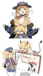 2girls anger_vein bad_id bad_twitter_id bikini blonde_hair blush breast_rest breasts breasts_on_head cleavage cow_girl cowboy_hat closed_eyes false_smile girls&#039;_frontline gloom_(expression) hat highres horns jacket large_breasts long_hair m870_(girls&#039;_frontline) multiple_girls musical_note necktie open_mouth police police_hat police_uniform smile super-shorty_(girls&#039;_frontline) swimsuit thighhighs twintails uniform waterkuma white_background yuri rating:Sensitive score:54 user:danbooru