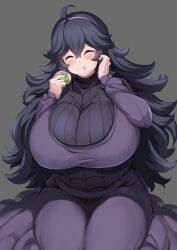 1girl absurdres ahoge black_hair blush breasts closed_eyes closed_mouth creatures_(company) dress eating food game_freak grey_background hair_between_eyes hairband hex_maniac_(pokemon) highres huge_breasts impossible_clothes kashiwa_mochi_(food) long_dress long_hair long_sleeves maki_ikazuya messy_hair mochi nintendo pokemon pokemon_xy purple_dress purple_hair purple_hairband seiza simple_background sitting solo spider_web_print sweater turtleneck turtleneck_sweater 