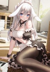 1girl animal_ears apron arm_under_breasts bae.c bare_shoulders blue_eyes blush breasts character_request cleavage copyright_request frilled_skirt frills highres indoors large_breasts leaning maid maid_apron maid_headdress pantyhose rabbit_ears sitting skirt straight_hair white_hair rating:Sensitive score:13 user:danbooru