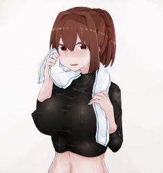 013_(hamsasuke) 10s 1girl blush breasts brown_eyes brown_hair colored_eyelashes covered_erect_nipples hamsasuke0 ise_(kancolle) kantai_collection large_breasts looking_at_viewer navel open_mouth ponytail short_hair solo towel upper_body wet wet_clothes rating:Questionable score:19 user:danbooru
