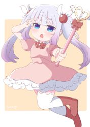  1girl :o absurdres blue_eyes dress eyes_visible_through_hair gradient_hair hair_ornament highres holding holding_wand kanna_kamui kobayashi-san_chi_no_maidragon long_hair looking_at_viewer low_twintails magical_girl multicolored_hair open_mouth shoes simple_background tamago_(pixiv22596587) thighhighs twintails two-tone_background v wand white_thighhighs  rating:General score:10 user:DemonLord98