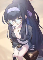  1girl bags_under_eyes bikini black_bikini black_cardigan black_hair blue_archive blue_hairband blush breasts cardigan commentary_request cup eyewear_strap hair_between_eyes hairband highres holding holding_cup ice long_hair looking_at_viewer mug naochi_(bobi8081) o-ring o-ring_bottom official_alternate_costume on_suitcase open_cardigan open_clothes open_mouth ponytail round_eyewear sandals sitting small_breasts solo suitcase sweat swimsuit twitter_username ui_(blue_archive) ui_(swimsuit)_(blue_archive) very_long_hair wavy_mouth yellow-framed_eyewear  rating:Sensitive score:6 user:danbooru