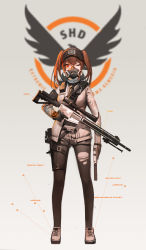 1girl absurdres assault_rifle baseball_cap black_hat black_necktie black_pantyhose black_soldier breasts brown_hair covered_mouth cross-laced_footwear emblem full_body gas_mask gun handgun hat highres holding holding_gun holding_weapon holster jacket logo long_hair long_sleeves mask medium_breasts necktie one_eye_closed open_clothes open_jacket original pantyhose pantyhose_under_shorts pistol red_eyes rifle shoes short_shorts shorts sig_sauer simple_background solo standing suppressor thigh_holster tom_clancy&#039;s_the_division torn_clothes torn_pantyhose trigger_discipline twintails weapon white_footwear rating:Sensitive score:16 user:danbooru