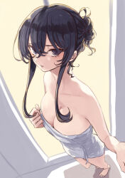  absurdres bare_shoulders black_eyes black_hair blush breasts cleavage collarbone commentary_request from_above full_body hair_bun highres large_breasts long_hair looking_at_viewer naked_towel original parted_lips rucchiifu shadow towel 