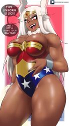  1girl :d absurdres animal_ears bare_arms bare_shoulders blue_nails boku_no_hero_academia breasts circlet cleavage commentary cosplay cowboy_shot dark-skinned_female dark_skin dc_comics echo_saber english_commentary english_text eyelashes groin highres large_breasts leotard long_hair mirko nail_polish open_mouth pink_lips red_eyes red_nails smile solo standing strapless strapless_leotard thick_thighs thighs very_long_hair white_hair wonder_woman wonder_woman_(cosplay) wonder_woman_(series) wrist_cuffs  rating:Sensitive score:97 user:danbooru