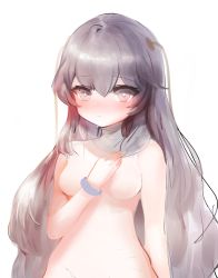 1girl bad_id bad_pixiv_id bandaged_neck bandages blush breasts brown_eyes closed_mouth commentary dokomon english_commentary girls&#039;_frontline grey_hair groin hair_between_eyes hair_ornament highres long_hair no_nipples nose_blush nude ribeyrolles_(girls&#039;_frontline) simple_background sketch small_breasts solo upper_body very_long_hair white_background rating:Questionable score:4 user:danbooru