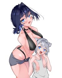  1boy 1girl absurdres between_breasts bikini black_bikini black_choker blue_eyes blue_hair blush boros_(ouro_kronii) breasts choker fang fangs grey_shorts hair_intakes halterneck head_between_breasts highres hololive hololive_english koizumi_arata looking_at_viewer open_mouth ouro_kronii shirt short_hair short_shorts short_sleeves shorts simple_background skin_fang skin_fangs sling_bikini_top slit_pupils smile swimsuit trap two_side_up virtual_youtuber white_background white_shirt 