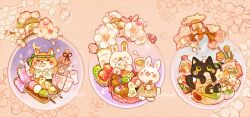  animal animal-themed_food animal_focus argyle_clothes artist_name bento black_eyes blush_stickers bottle braid bud calico cat cherry_blossoms chopsticks closed_eyes clothed_animal collared_shirt colored_sclera commentary cookie crescent_moon cup dango disposable_cup dress drink drinking eating english_commentary floral_background flower food fruit glass_bottle green_dress green_headband green_pants green_tea grey_shirt headband highres holding holding_bottle holding_chopsticks holding_drink kitten kiwi_(fruit) kiwi_slice leaf light_particles long_sleeves mochi moon nao_(bestrollever) no_humans on_food open_mouth original outstretched_arms pants petals pink_background pink_flower plaid plaid_dress pocket pocky rabbit sake_bottle sanshoku_dango shiba_inu shirt single_braid sitting sleeveless sleeveless_dress smile solid_oval_eyes spring_(season) standing star_(sky) strawberry striped_clothes striped_shirt tea vertical-striped_clothes vertical-striped_shirt wagashi watermark white_shirt yellow_sclera 