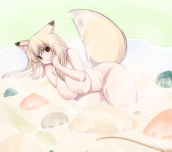 1girl animal_ears blonde_hair breasts choko-san_(fuyu) curvy food fox_ears fox_tail fuyu hip_focus huge_breasts in_food mini_person minigirl nipples nude original solo soup tail thick_thighs thighs wide_hips  rating:Questionable score:56 user:danbooru