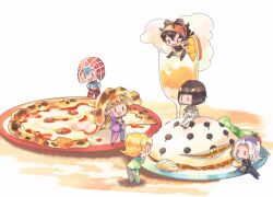  6+boys black_hair blonde_hair braid bruno_bucciarati chibi clothing_cutout cup food food_request giorno_giovanna guido_mista hair_ornament hat headband hitofutarai holding holding_food in_container in_cup jojo_no_kimyou_na_bouken leone_abbacchio long_hair long_sleeves male_focus mini_person miniboy multiple_boys narancia_ghirga open_mouth oversized_food oversized_object pannacotta_fugo pizza plate short_hair sitting solid_oval_eyes vento_aureo white_hair wristband 