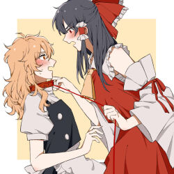  2girls animal_collar apron ascot black_dress blonde_hair blush bow collar commentary cowboy_shot detached_sleeves dress eye_contact frilled_shirt frills from_side hair_bow hair_tubes hakurei_reimu height_difference hitte5416 holding holding_leash kirisame_marisa leash long_hair looking_at_another messy multiple_girls no_headwear open_mouth puffy_short_sleeves puffy_sleeves red_bow red_collar red_eyes red_skirt sarashi shirt short_sleeves simple_background skirt sleeveless sleeveless_shirt symbol-only_commentary touhou white_apron yellow_ascot yuri 