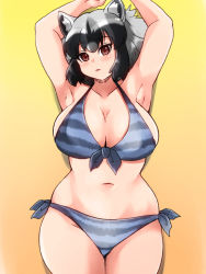 1girl alternate_breast_size animal_ears armpits arms_up bikini black_hair blush breasts brown_eyes cleavage common_raccoon_(kemono_friends) cowboy_shot from_above front-tie_bikini_top front-tie_top gradient_background grey_background halterneck head_tilt highres huge_breasts isna_(footprintsofisna) kemono_friends looking_at_viewer lying medium_hair multicolored_bikini multicolored_clothes multicolored_hair navel no_tail on_back parted_lips raccoon_ears side-tie_bikini_bottom solo stomach striped_bikini striped_clothes swimsuit vertical-striped_bikini vertical-striped_clothes white_hair rating:Sensitive score:15 user:danbooru