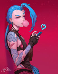  1girl absurdres angelmoonlight arcane:_league_of_legends arcane_jinx arm_tattoo artist_name bare_shoulders blowing_bubbles braid chewing_gum earrings eyebrow_piercing gloves green_hair heart highres holding holding_phone jewelry jinx_(league_of_legends) league_of_legends long_hair one_eye_closed pants phone piercing pink_eyes pink_pants ponytail red_background shoulder_tattoo smile solo tattoo 