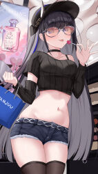  1girl absurdres azur_lane bag black_hair black_shorts blush breasts candy cowboy_shot crop_top demon_girl demon_horns detached_sleeves eating food from_below groin hands_up happy hat highres hip_focus holding holding_candy holding_food holding_lollipop horns horns_through_headwear kuon_(kuon) lollipop long_hair looking_at_viewer looking_down medium_breasts micro_shorts midriff navel noshiro_(azur_lane) noshiro_(dressed-up_date)_(azur_lane) official_alternate_costume oni purple_eyes shopping shopping_bag short_shorts shorts single_bare_shoulder skindentation small_breasts smile solo stomach sunglasses thighhighs thighs tongue tongue_out torn_clothes torn_shorts very_long_hair 