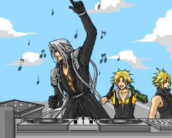 3boys :o arm_up armor belt black_coat black_gloves black_overalls black_vest blonde_hair blue_sky bracer chest_strap closed_eyes cloud cloud_strife cloudy_sky coat commentary dancing dj facing_to_the_side final_fantasy final_fantasy_vii final_fantasy_vii_advent_children final_fantasy_x gloves green_gloves grey_hair hands_up happy long_bangs long_coat long_hair long_sleeves lowres male_focus multiple_boys music musical_note open_mouth overalls parted_bangs pauldrons phonograph popochan-f record sephiroth short_hair shoulder_armor shoulder_strap sky smile spiked_hair tidus turntable upper_body very_long_hair vest yellow_vest 