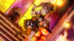  1girl 22/7 22/7_ongaku_no_jikan asymmetrical_legwear asymmetrical_sleeves brown_eyes brown_hair brown_scrunchie claw_pose clenched_teeth dress dutch_angle game_cg hair_ornament hair_scrunchie halloween halloween_costume high_side_ponytail highres jack-o&#039;-lantern lens_flare long_hair looking_at_viewer mismatched_sleeves multicolored_clothes multicolored_dress non-web_source official_art one_leg scrunchie short_sleeves solo sparkle teeth toda_jun uneven_legwear 