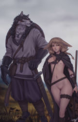  1boy 1girl animal_ears belt blue_eyes blurry blurry_background body_fur braid brown_eyes cleft_of_venus cloak clothed_male_nude_female commentary couple day digitigrade earrings einar_(personal_ami) english_commentary fantasy flat_chest fox_ears fox_tail furry furry_male furry_with_non-furry grey_fur height_difference highres interspecies jewelry khiara_(personal_ami) light_brown_hair naked_cloak nipples nude original outdoors overcast pendant personal_ami petite pussy sheath sheathed shield short_hair sky snout sword tail thick_thighs thigh_strap thighs uncensored vambraces walking weapon werewolf wide_hips wolf_ears wooden_shield  rating:Explicit score:181 user:danbooru