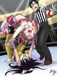  1boy 2girls amami_haruka catfight commission ganaha_hibiki hanabusa_(xztr3448) idolmaster multiple_girls pixiv_commission producer_(idolmaster) producer_(idolmaster_anime) wrestling wrestling_ring 