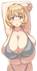 1girl arms_behind_back bikini blush breasts brown_eyes brown_hair cleavage gigantic_breasts grey_bikini hair_ornament hairclip highleg highleg_bikini highleg_bikini_bottom huge_breasts kasutaso looking_at_viewer narusawa_ryouka occultic;nine open_mouth sagging_breasts short_hair simple_background skindentation solo swimsuit white_background rating:Questionable score:99 user:danbooru