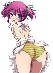  1girl apron artist_request ass blue_eyes blush cameltoe from_behind hair_ribbon highres leaning_forward loli long_hair looking_back no_bra open_mouth panties pink_hair ribbon striped_clothes striped_panties topless twintails underwear white_apron yellow_panties  rating:Questionable score:13 user:Konst