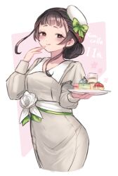  1girl 2girls :q anniversary black_hair blush brown_eyes commentary copyright_name dress fairy_(kancolle) food grey_dress hat holding holding_plate kantai_collection long_sleeves looking_at_viewer multicolored_hair multiple_girls plate red_hair simple_background solo symbol-only_commentary terrajin tongue tongue_out white_hat yamashio_maru_(11th_anniversary)_(kancolle) yamashio_maru_(kancolle) 