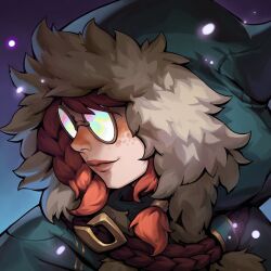  1girl aurora_(league_of_legends) closed_mouth coat commentary english_commentary freckles fur-trimmed_coat fur_trim glasses green_hoodie hair_between_eyes hood hoodie league_of_legends official_art orange_hair portrait round_eyewear second-party_source sidelocks simple_background smile solo 