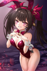  1girl absurdres alternate_costume animal_ears blush breasts brown_hair character_doll clenched_teeth collarbone covered_navel cowboy_shot dasoin dated detached_collar fake_animal_ears flower_tattoo hands_up heart heart_hands highleg highleg_leotard highres honkai:_star_rail honkai_(series) leotard light_particles looking_at_viewer medium_breasts purple_background rabbit_ears red_leotard signature solo sparkle_(honkai:_star_rail) stelle_(honkai:_star_rail) strapless strapless_leotard sweat tattoo teeth trailblazer_(honkai:_star_rail) wrist_cuffs 
