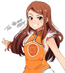  1girl :d brown_eyes brown_hair commentary_request cosplay grin highres idolmaster idolmaster_(classic) korean_commentary korean_text ling_xiaoyu ling_xiaoyu_(cosplay) long_hair looking_at_viewer minase_iori open_mouth orange_shirt shirt simple_background smile solo tekken tuxedo_de_cat upper_body white_background wristband 