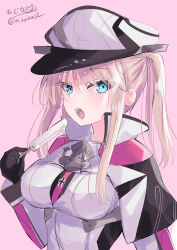  1girl absurdres anchor_necklace artist_logo black_gloves blonde_hair blue_eyes breasts capelet celtic_knot cross dated food gloves graf_zeppelin_(kancolle) graf_zeppelin_kai_(kancolle) hat highres hizaka ice_cream_bar iron_cross jewelry kantai_collection large_breasts military_uniform multicolored_capelet necklace necktie one-hour_drawing_challenge open_mouth peaked_cap pink_background popsicle sidelocks simple_background solo twintails two-tone_necktie uniform upper_body 