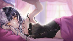  1girl absurdres armpits bed black_dress black_hair breasts camisole cleavage dress foreshortening highres hololive hololive_english large_breasts licking_lips looking_at_viewer lying medium_hair multicolored_hair on_side outstretched_arm shiori_novella split-color_hair strap_slip tongue tongue_out virtual_youtuber white_hair yellow_eyes zolomon_(jarvis_lin)  rating:Sensitive score:24 user:danbooru