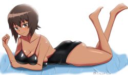  1girl ass blush breasts brown_eyes brown_hair cleavage cube_(huidama) dark-skinned_female dark_skin girls_und_panzer large_breasts looking_at_viewer lying nishizumi_maho on_stomach one-piece_swimsuit short_hair solo swimsuit tan  rating:Sensitive score:6 user:AmunHotep